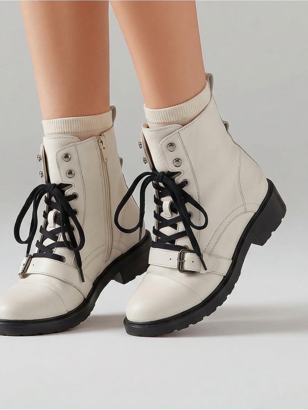 AllSaints lace up combat white black silver accent ankle boots sz 7.5